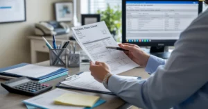 Medical biller reviewing a patient claim form at a desk, representing CPT 90791 psychiatric evaluation billing